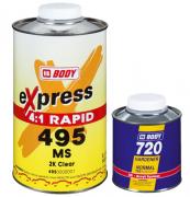 Лак Body 495 MS 4:1 SEMI GLOSS 2К  сверхбыстросохнущий высококачественный лак в комплекте с отвердителем (SET) для мастерских с поточным методом работы. Применяется только для локального ремонта. Долговечный блеск и великолепная стойкость покрытия.